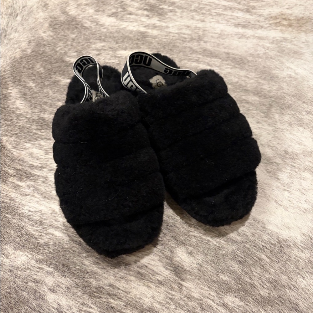 UGG Black Fluffy Slippers with Logo - Picture 2 of 3